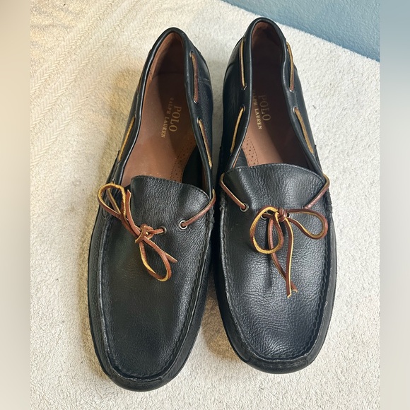 Polo by Ralph Lauren Black Leather Men's Slip-Ons with Brown Accents - Picture 1 of 8